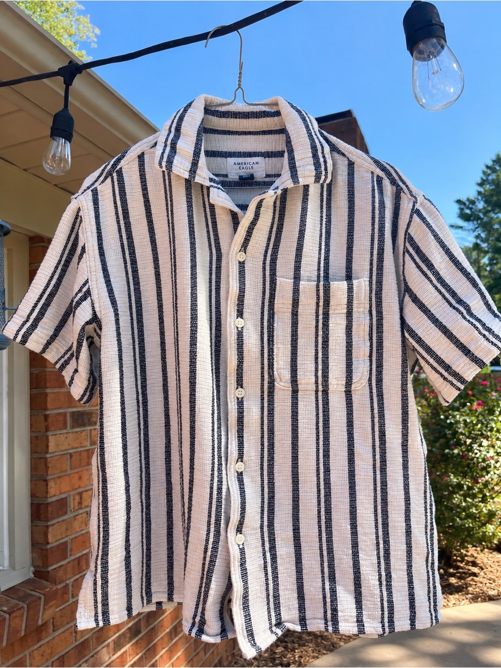 American Eagle Outfitters Beige and Black Striped Short‑Sleeve Button Shirt